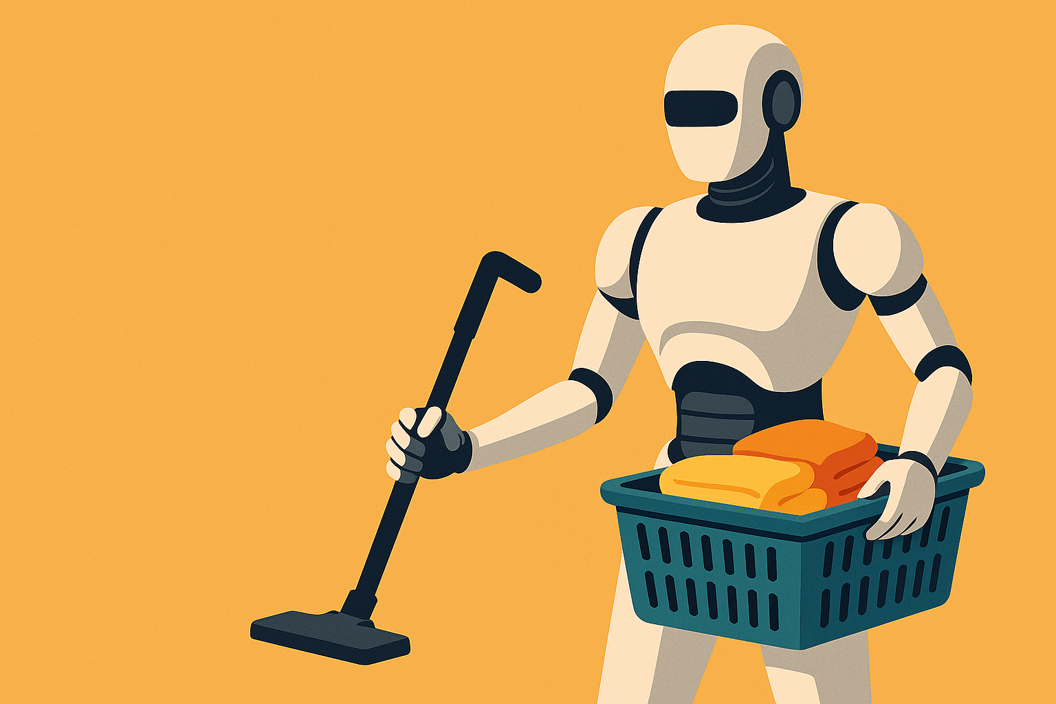 Humanoider Haushaltsroboter mit Wäschekorb und Staubsauger vor orangefarbenem Hintergrund – Symbolbild für Automatisierung im Alltag