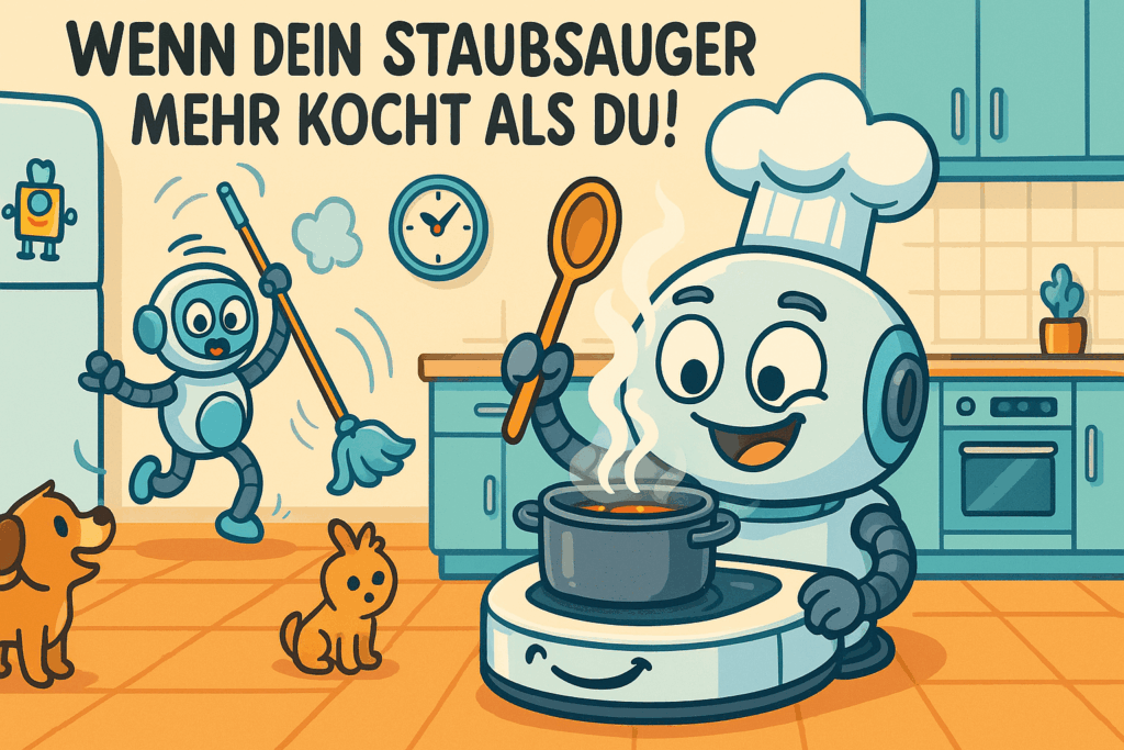 Cartoonhafte Illustration einer futuristischen Küche: Ein fröhlicher Staubsaugerroboter mit Kochmütze steht an einem Herd und rührt schelmisch mit einem Kochlöffel in einem dampfenden Topf. Im Hintergrund tanzt ein anderer Roboter mit einem Wischmopp, während ein kleiner Hund neugierig zusieht. Auf dem Kühlschrank hängt ein Roboter-Magnet. Darüber steht der humorvolle Text: „Wenn dein Staubsauger mehr kocht als du!“