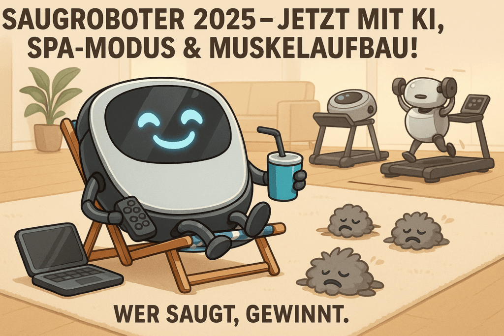 Humorvolle 16:9-Illustration: Ein moderner Saugroboter entspannt auf einem Liegestuhl mit Getränk und Fernbedienung, umgeben von besiegten Staubflusen, während im Hintergrund andere Saugroboter auf Laufbändern trainieren. Text: „Saugroboter 2025 – Jetzt mit KI, Spa-Modus & Muskelaufbau! Wer saugt, gewinnt.“
